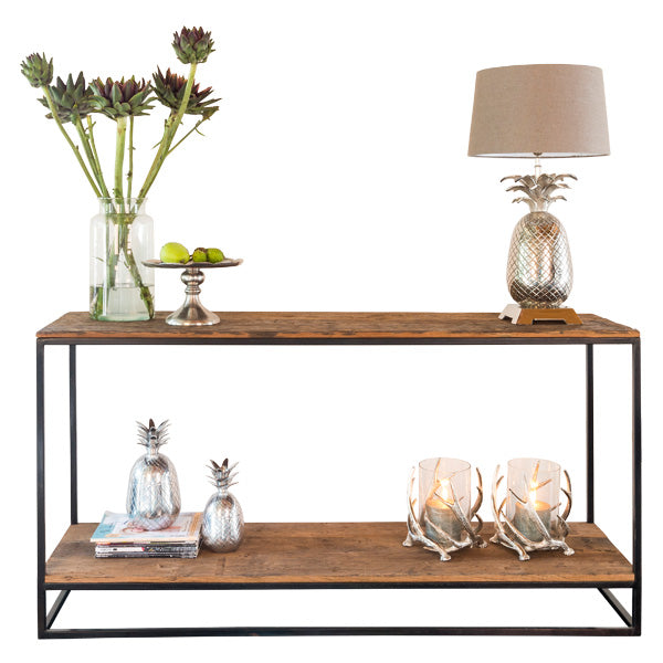Raffles Reclaimed Wood Industrial Console Table with Flowers and Lamp