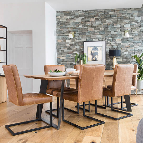 Rocco Oak Dining Table and Faux Brown Leather Dining Chairs
