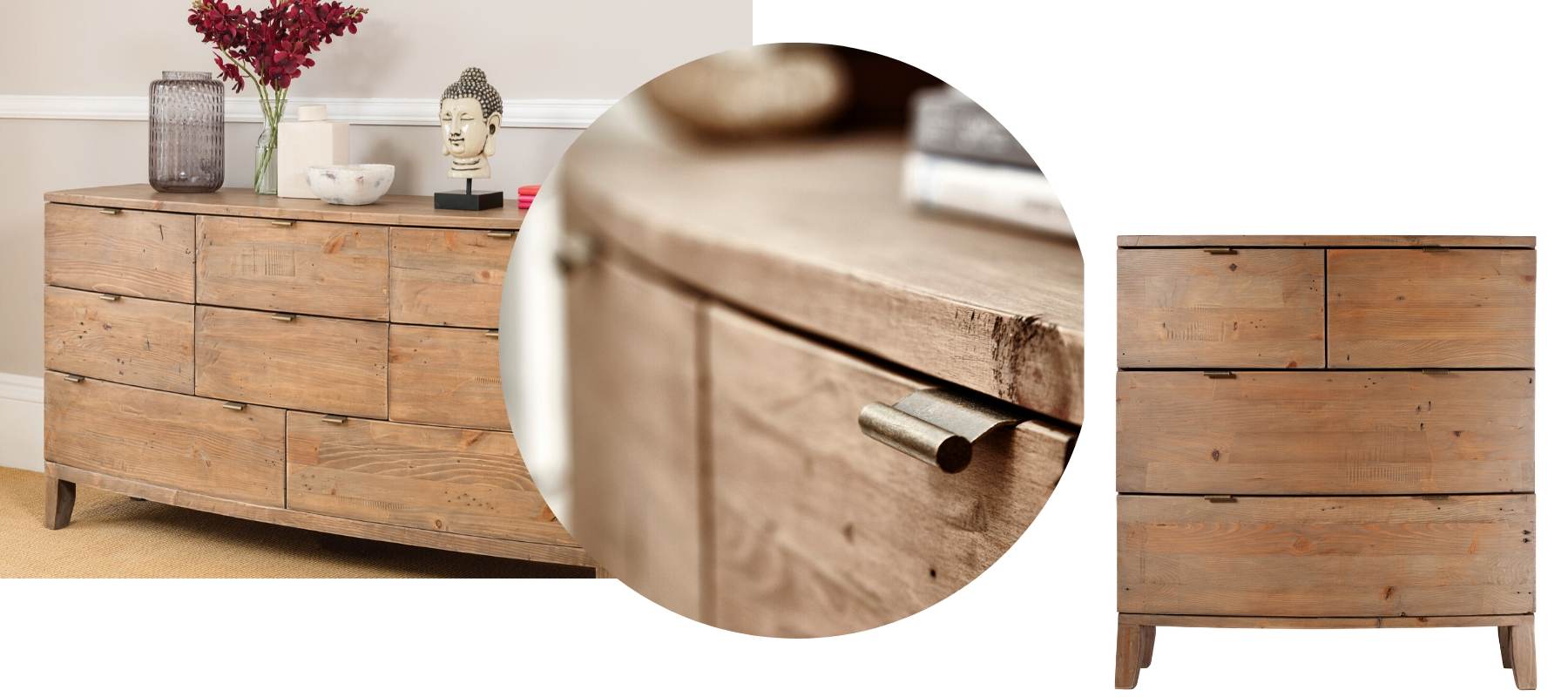 Large wooden chest of drawers, close up of reclaimed wood and medium chest of drawers