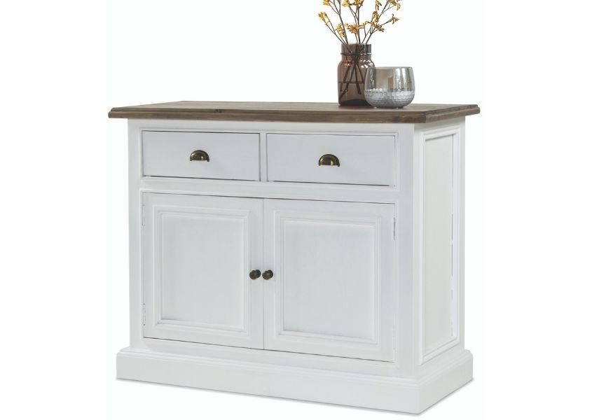 Cut out of medium white painted wooden sideboard with vase on top