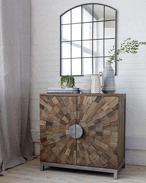 Rustic square elm cabinet with round metal handles and an industrial grid style black metal mirror hanging above