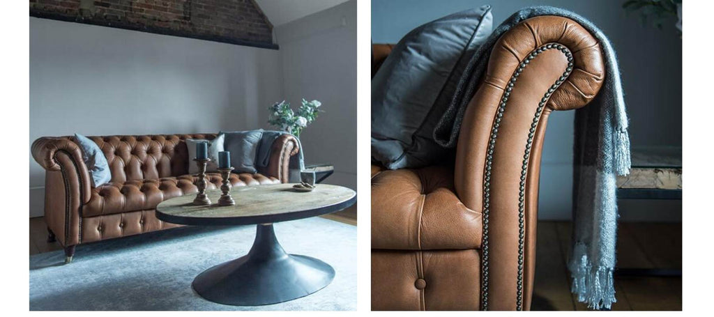 Brown leather sofa with blue blanket and close up of brown leather chesterfield sofa
