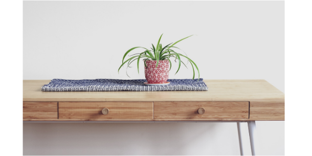 Wooden console table with red plant pot