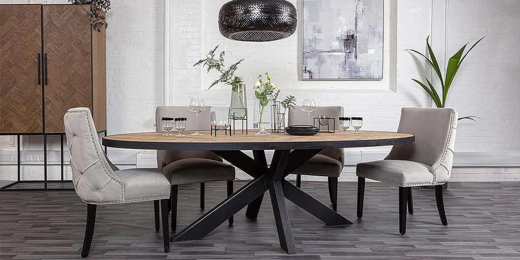Sussex Oak Parquet Industrial Oval Dining Table