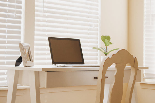 Organised office desk with a cream chair and a plant