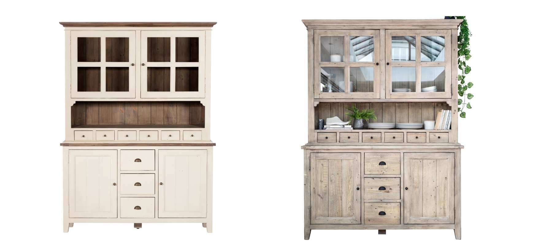 Two cut outs of wooden dressers, one white painted and other natural wood