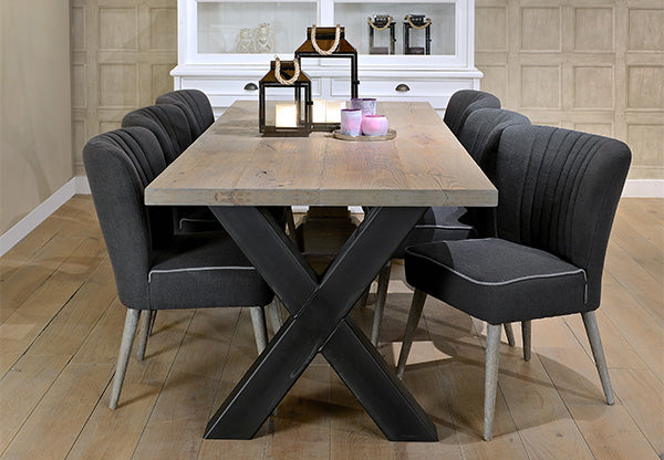 Industrial oak dining table on cross steel legs with dining chairs