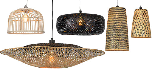 A collection of rattan and bamboo pendant lights
