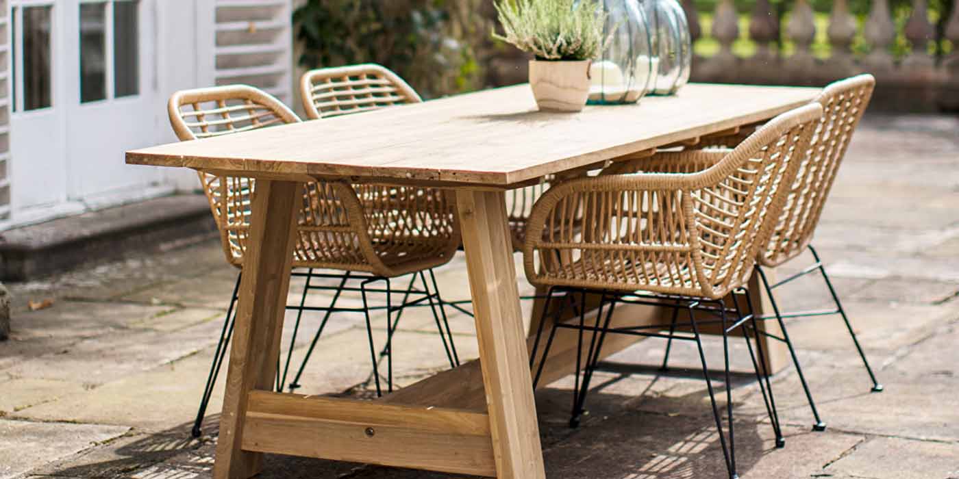 Whitcombe Teak Garden Trestle Table and Bamboo Chairs