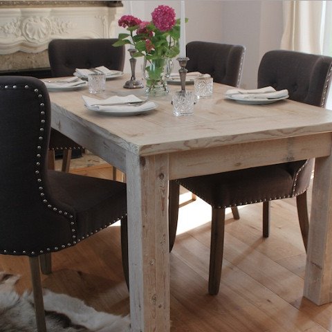 White Wash Inlay Reclaimed Wood Dining Table and Upholstered Dining Chairs