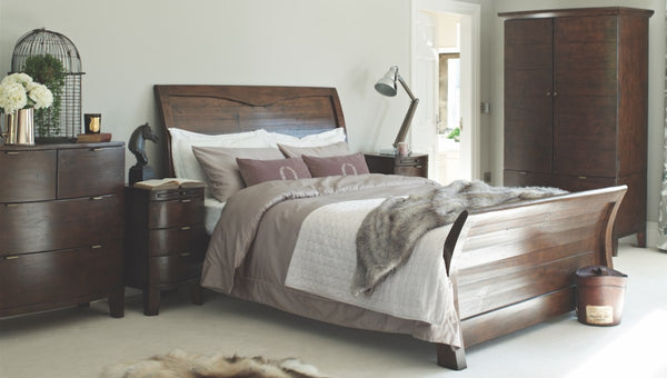 Winchester Dark Rustic Sleigh Wooden Bed in Bedroom