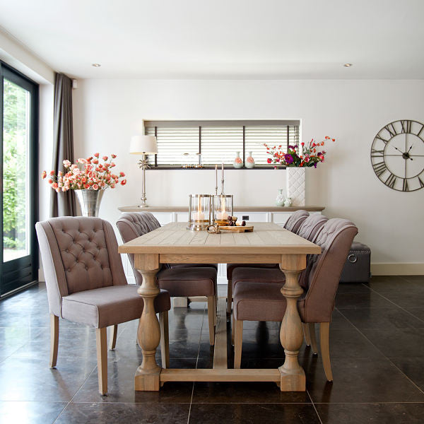 Windsor Oak Farmhouse Extending Dining Table in Dining Room with blush pink dining chairs