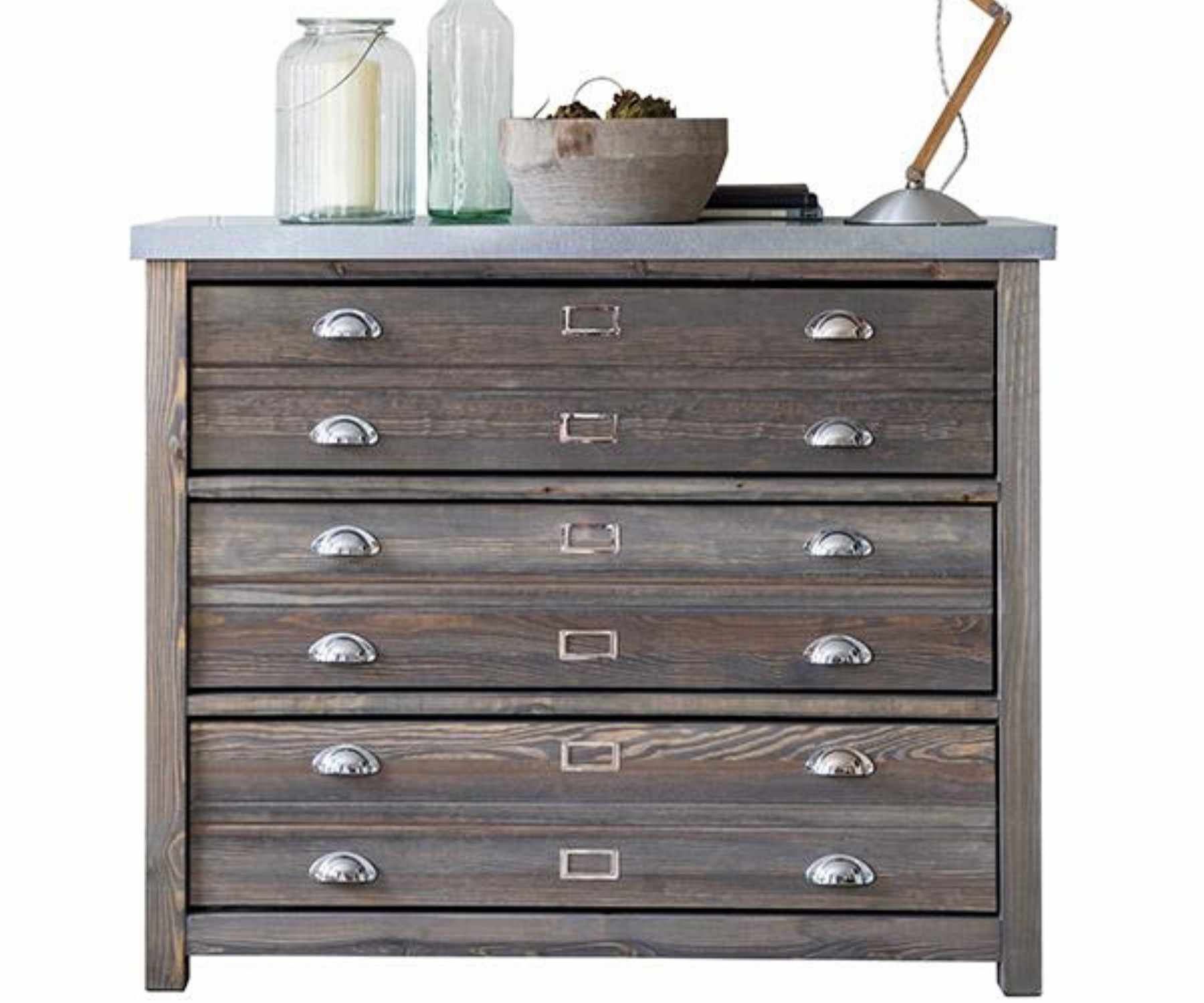 Zinc topped wooden chest of drawers