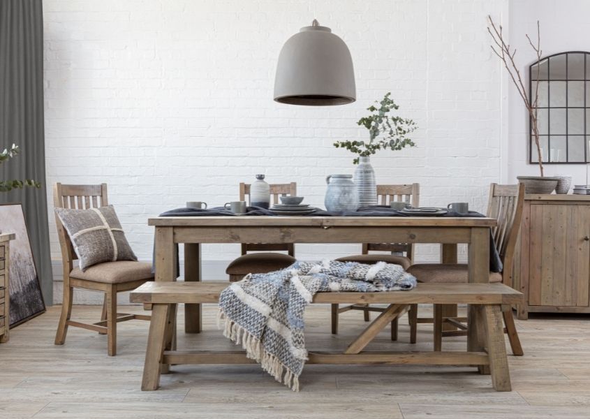 reclaimed wood dining table with wooden dining bench