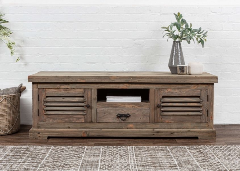 reclaimed wood tv stand with louvered cupboard doors and middle shelf