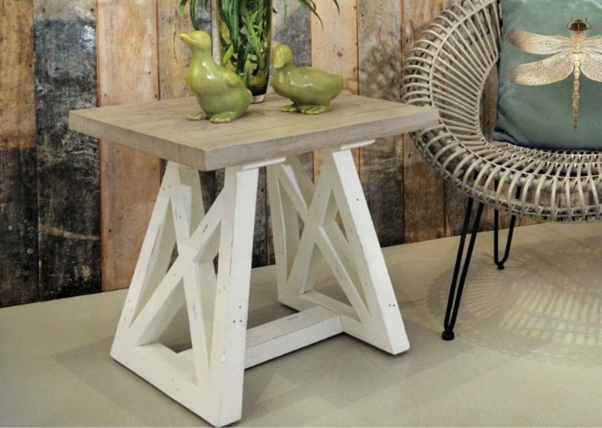Reclaimed wood side table with white trestle legs