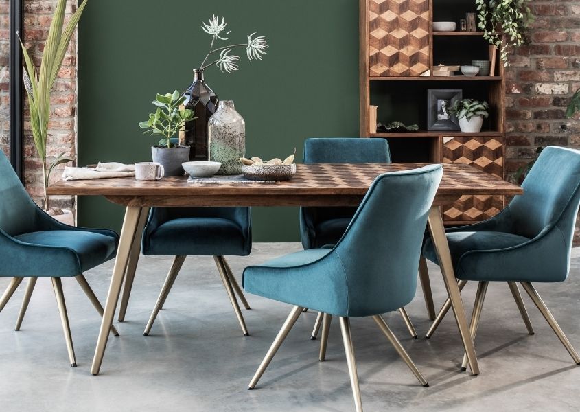 mango wood dining table with teal velvet dining chairs
