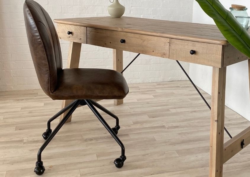 reclaimed wood desk with brown faux leather desk chair