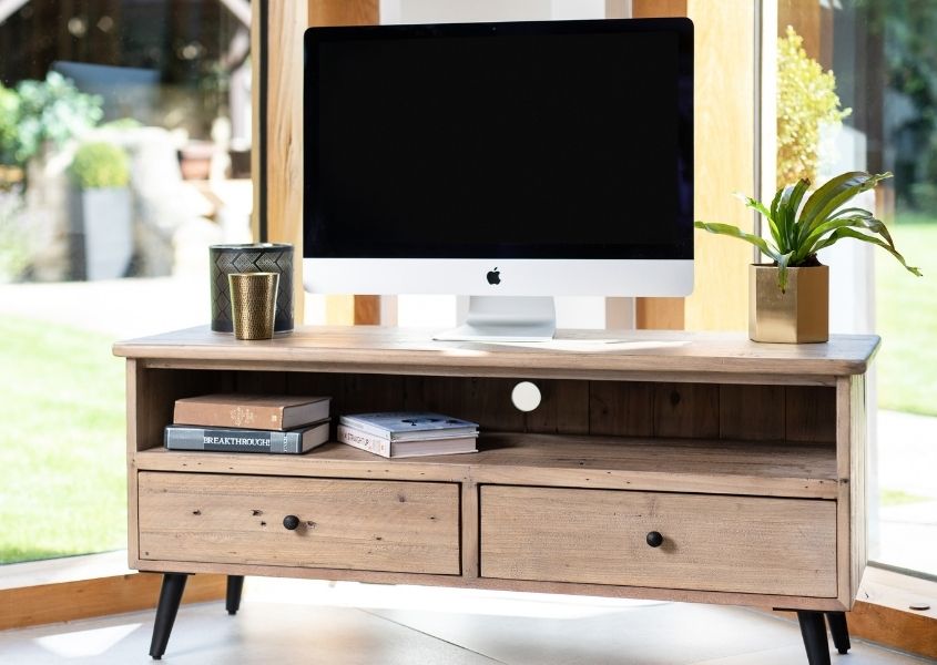 Reclaimed wood rustic tv stand with Mac screen on top