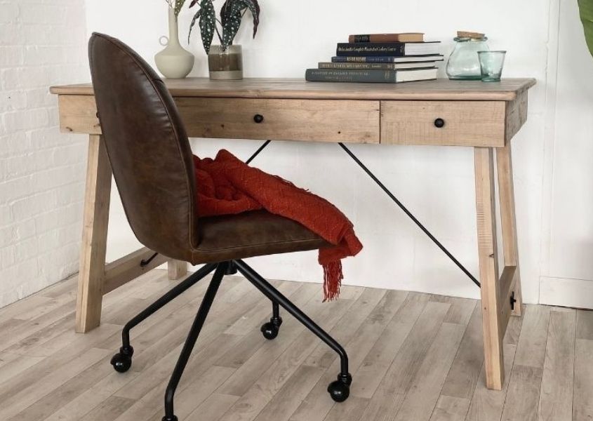reclaimed wood desk with dark brown faux leather desk chair
