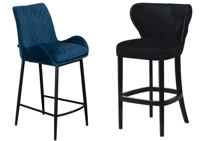 Cut outs of a dark blue velvet bar stool and black velvet stool