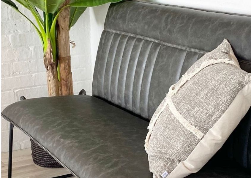 Grey faux leather dining bench with grey cushion