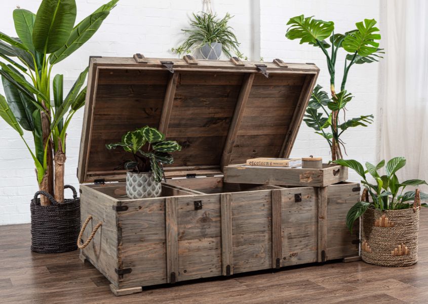 reclaimed wooden storage chest open