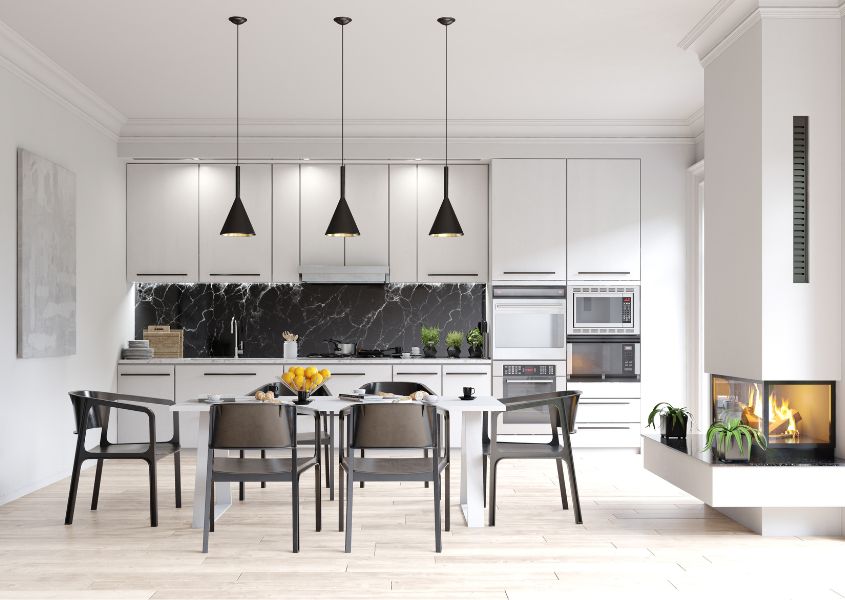 modern white kitchen with grey dining chairs