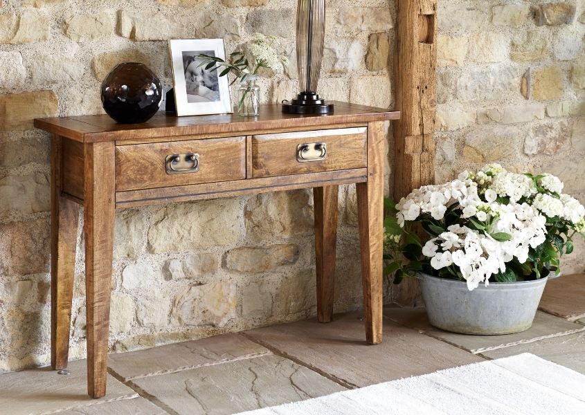 mango wood console table with two drawers