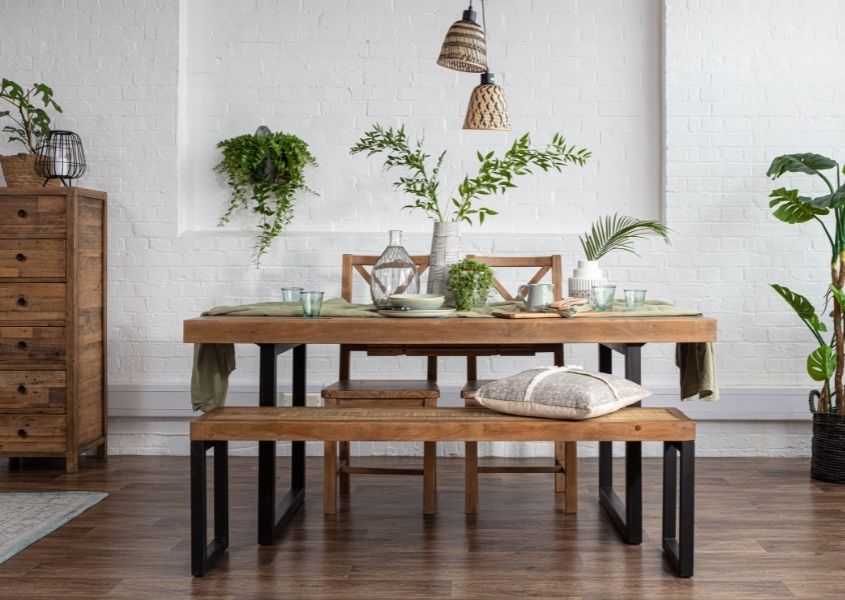 industrial dining table with matching wooden dining bench and bamboo hanging pendant light
