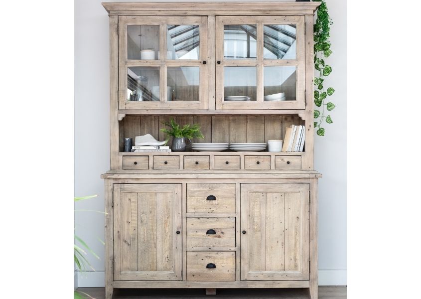 reclaimed wood welsh dresser with glass cupboards 