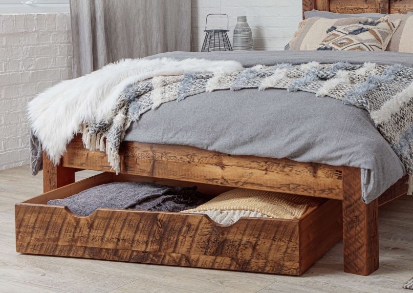 wooden bed with under drawer storage