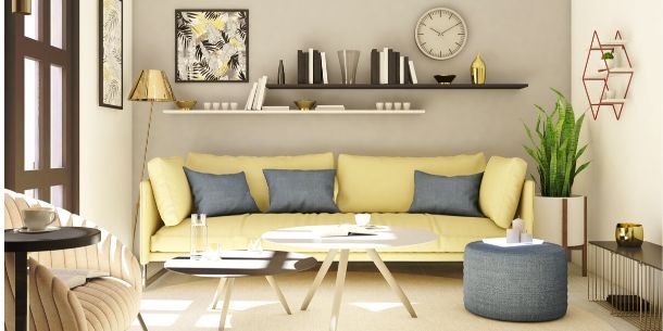 Yellow sofa with grey cushions