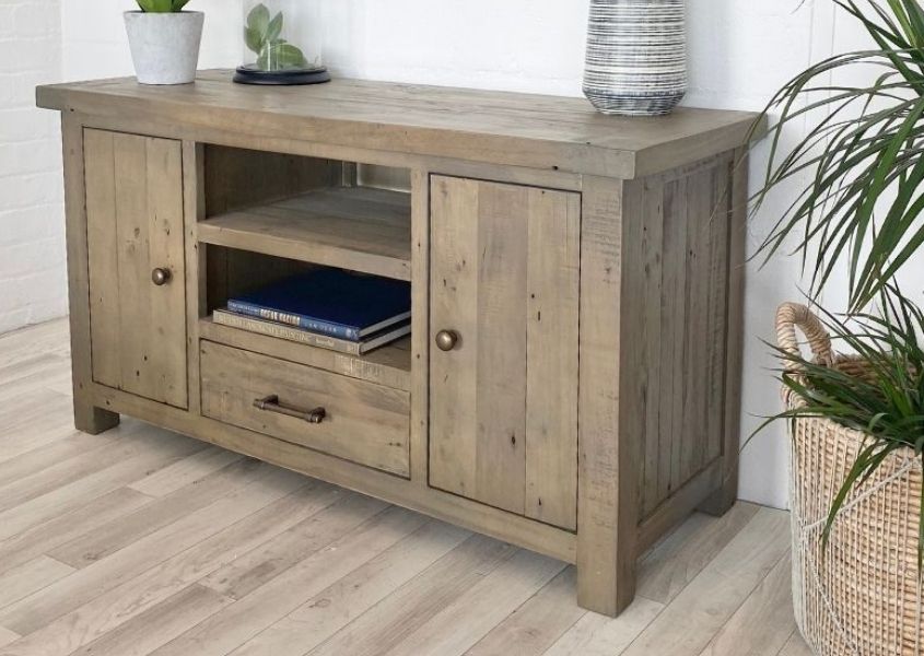 Rustic TV stand with two cupboards, bottom drawer and middle shelf