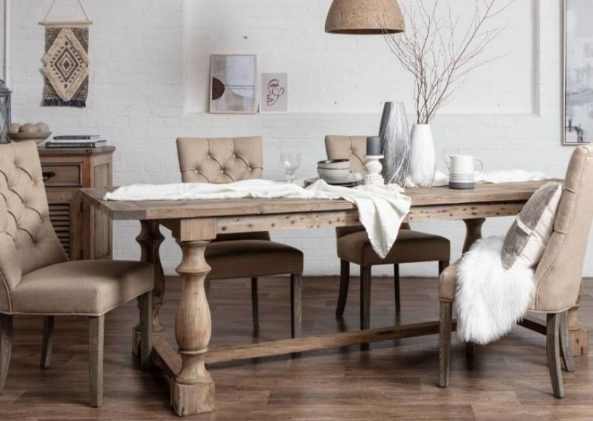 Reclaimed wood table with oat fabric dining chairs