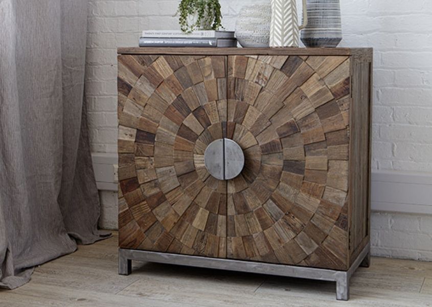 reclaimed wood sideboard with mosaic style doors