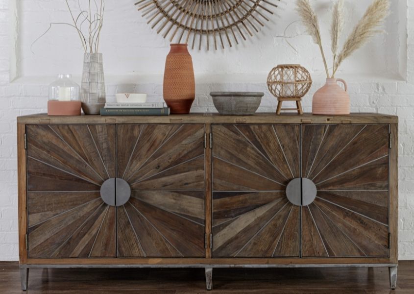 reclaimed wood sideboard with two double cupboards and round metal handles