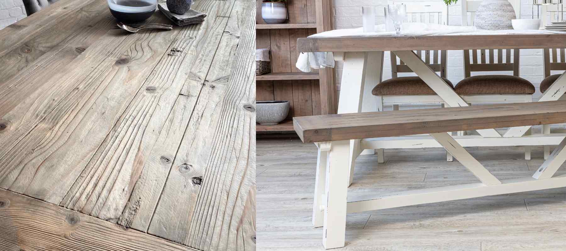Close up of reclaimed wood and reclaimed wood dining table