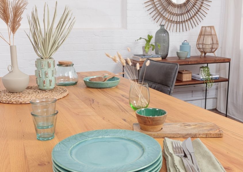 Blue plates on a rustic dining table