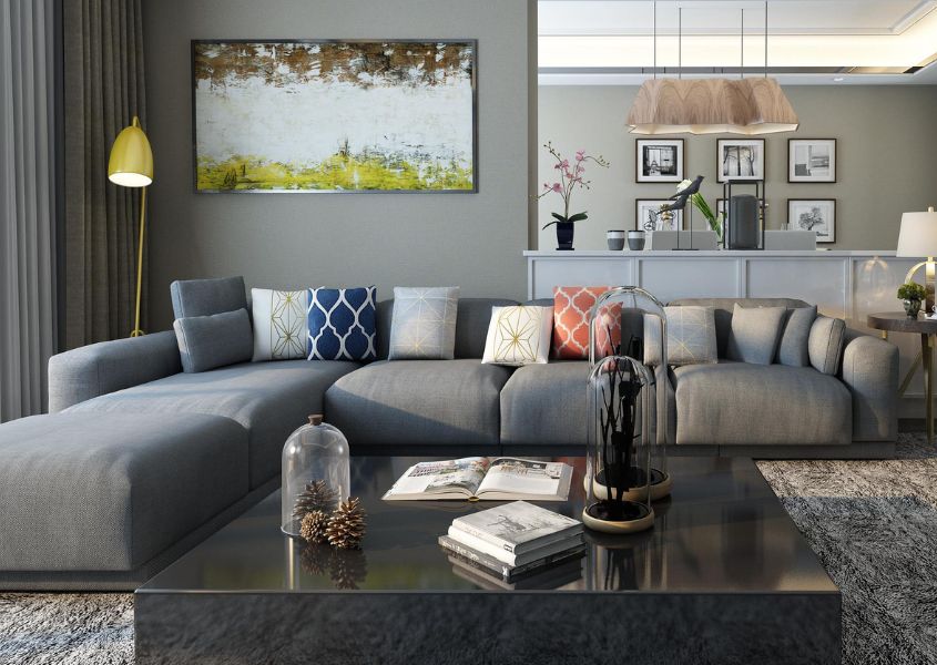 living room with grey corner sofa and large artwork on wall