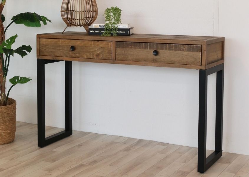 industrial console table with drawers and black steel legs