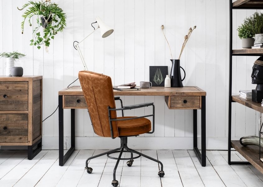 industrial desk with brown faux leather office chair