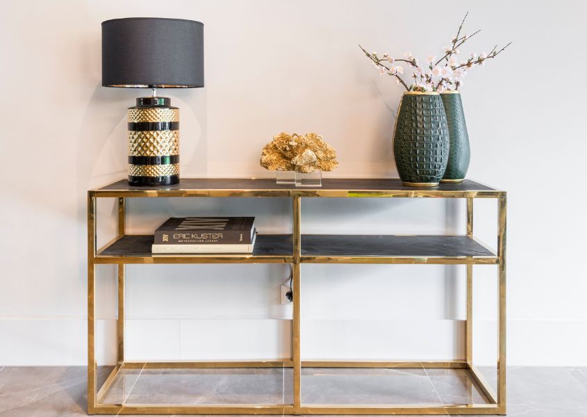 oak console table with gold frame