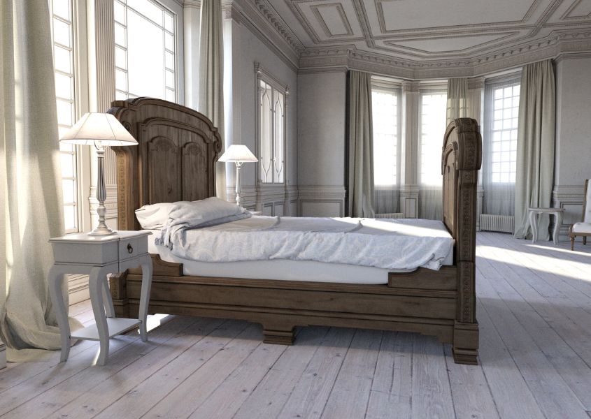 solid wood bed in French bedroom