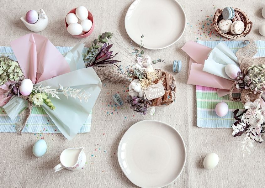 Pink and blue Easter themed dining table
