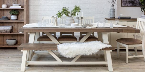 Doset Reclaimed Wood dining table with wooden dining bench white