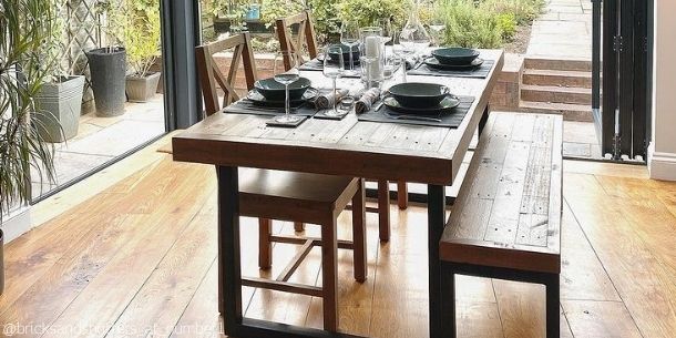 Industrial dining table with matching wooden bench
