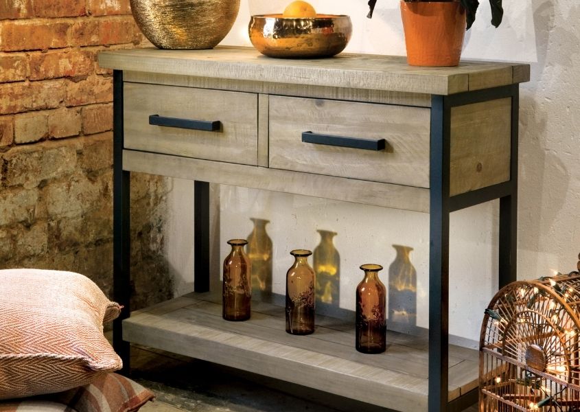 industrial console table with two drawers
