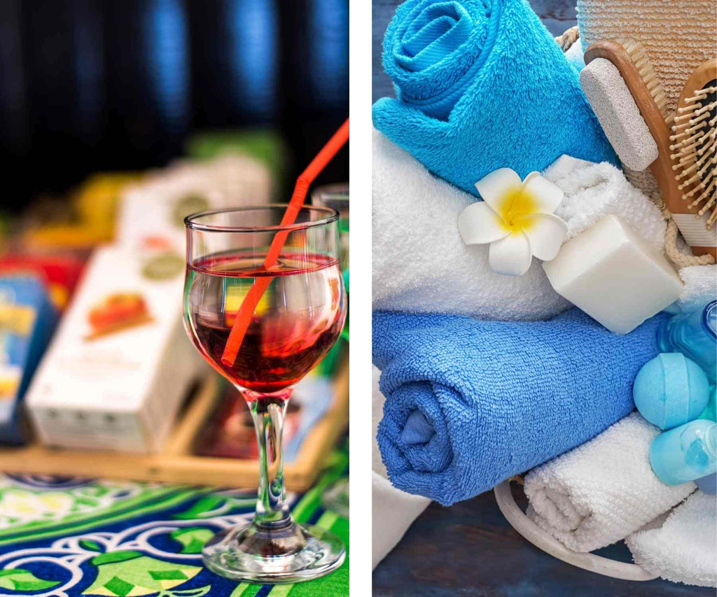 Close up of wine glass with snack selection in background and image of blue and white towels with soap