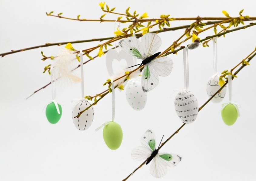 Twigs with yellow flowers and painted eggs hanging off branches